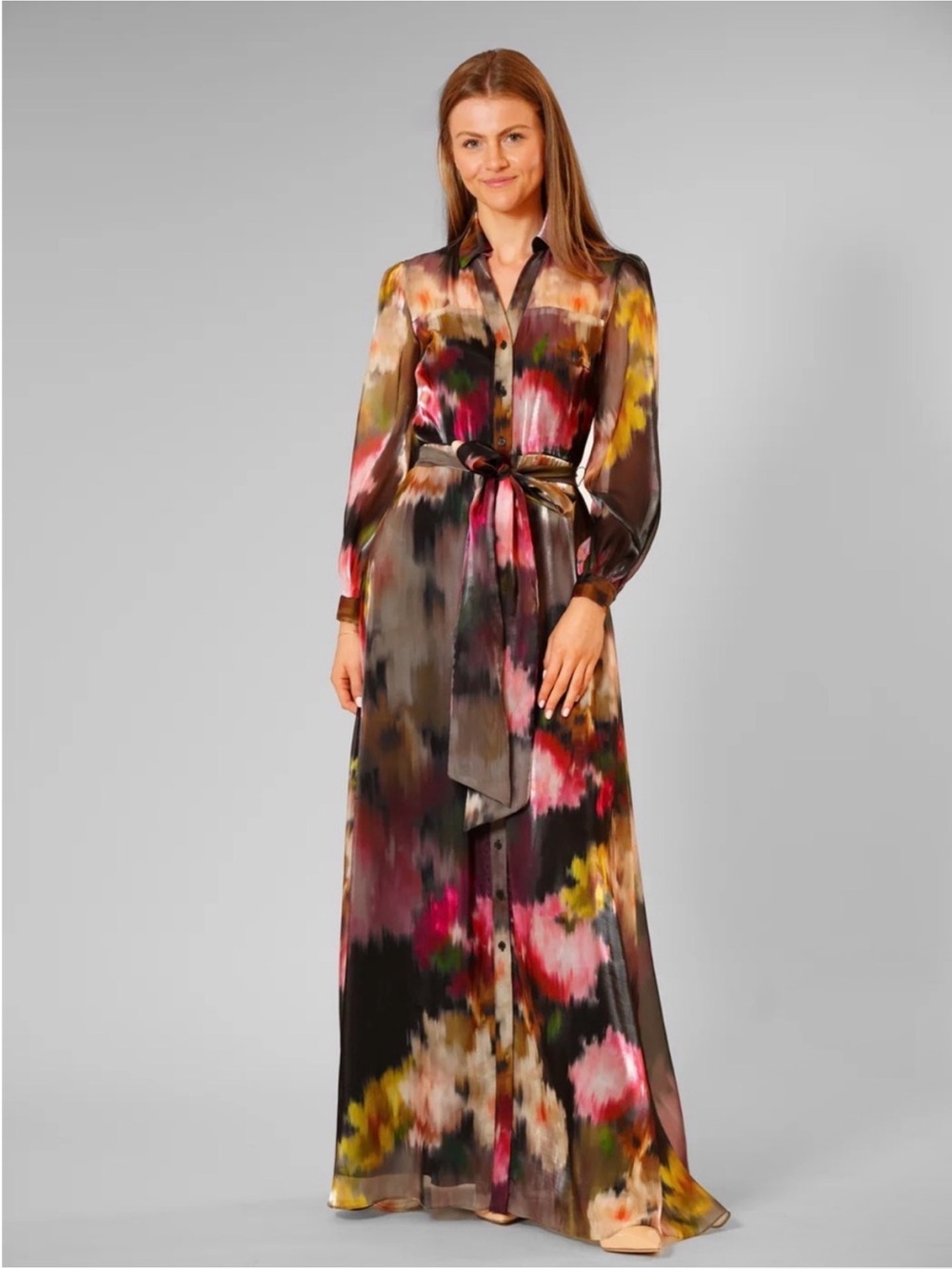 julia jordan Multicolor Floral Satin Maxi Shirt Dress with Self Tie